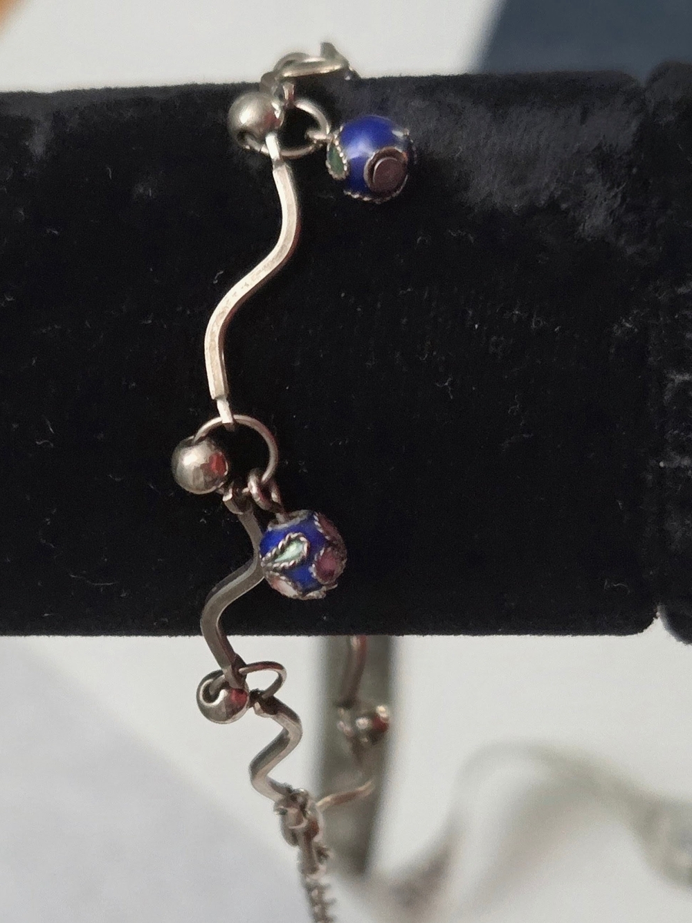 Vintage Blue Cloisonné Style Bead Bracelet Anklet Silver Tone